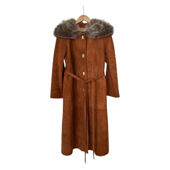Vintage Camel Suede Coat Genuine Fur Collar & Belted Waist 60's 70s Size 8 - Picture 9 of 16